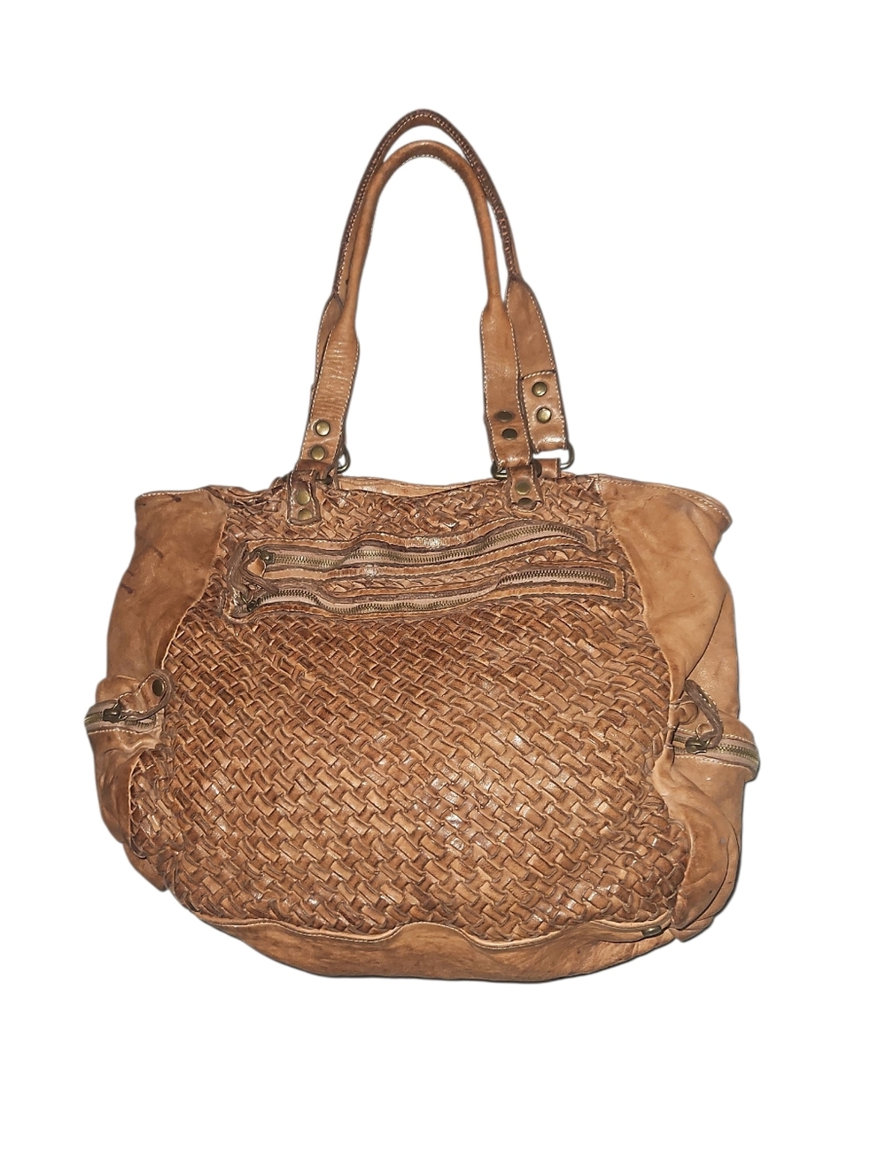 LANGELLOTTI Italian Distressed Leather Woven Tote Bag Large Crossbody Brown Hobo